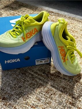 HOKA Bondi 8 Neon Yellow and Orange Performance Sneakers